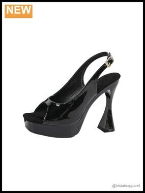 Platform Slingback Heels Peep Toe Chunky Block Faux Leather